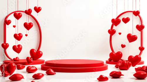 Abstract empty podium, hearts and rose flowers on decorated background. Mock up stand for product presentation. 3D Render. St valentines day promotion concept. photo