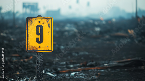 Visual Representations of Wildfire Devastation Theme, Burnt street sign amidst debris in devastated area, symbolizing loss photo