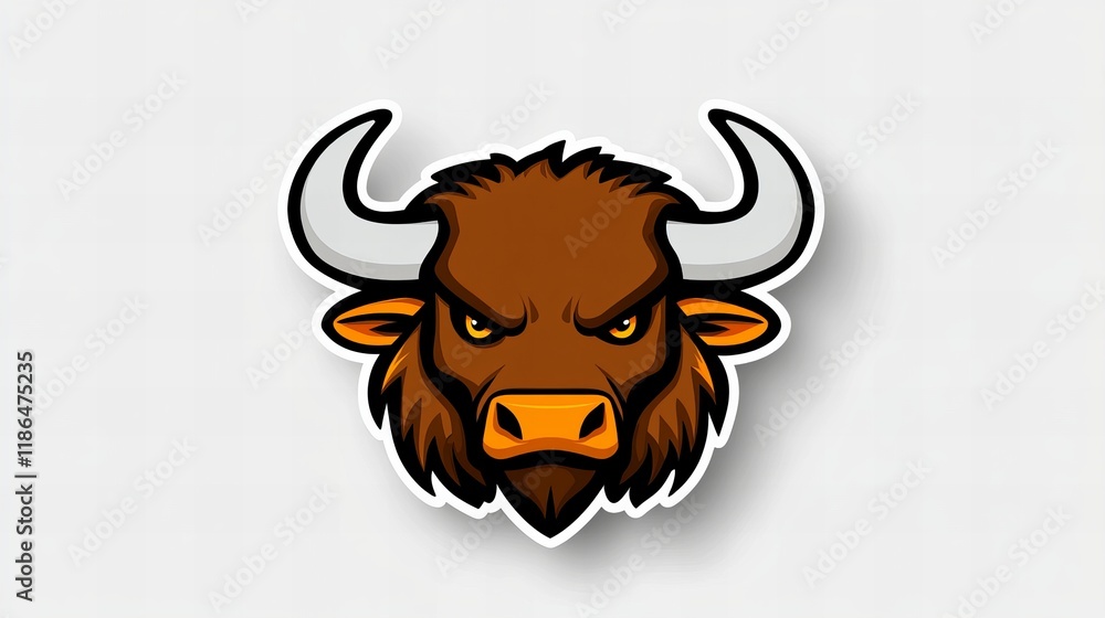 Fototapeta premium Fierce bull head illustration, brown and white, graphic design element.