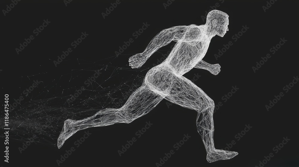 Fototapeta premium Human Running Figure in Abstract Wireframe Design on Dark Background
