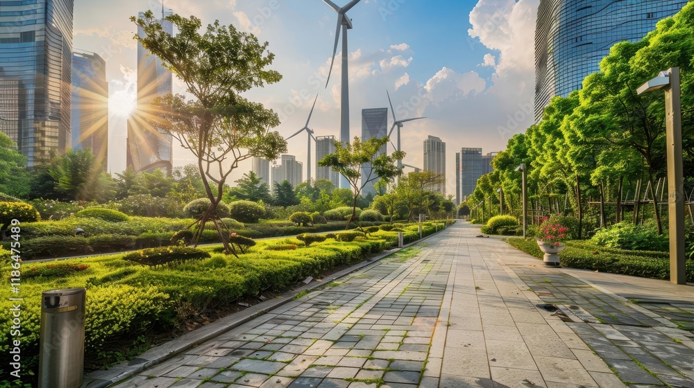 Obraz premium A serene urban park featuring wind turbines, greenery, and modern buildings under a bright sky.