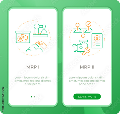 MRP app onboarding screens. Industrial planning. Duo tone vector illustration. UI design flow. 2 steps walkthrough mobile interface slide layout. Montserrat SemiBold, Regular fonts used photo