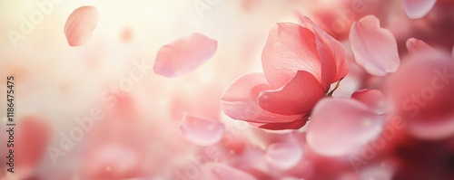 pink flower petals, beautiful floral background, dreamy, soft light, artistic arrangement, floating elements, abstract nature scene, romantic atmosphere with a gentle touch