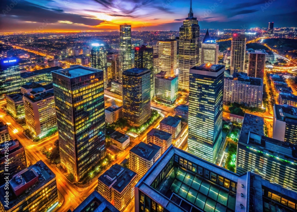 Obraz premium Aerial city at night, AI-generated. Glowing windows form a luminous, collaged dreamscape.