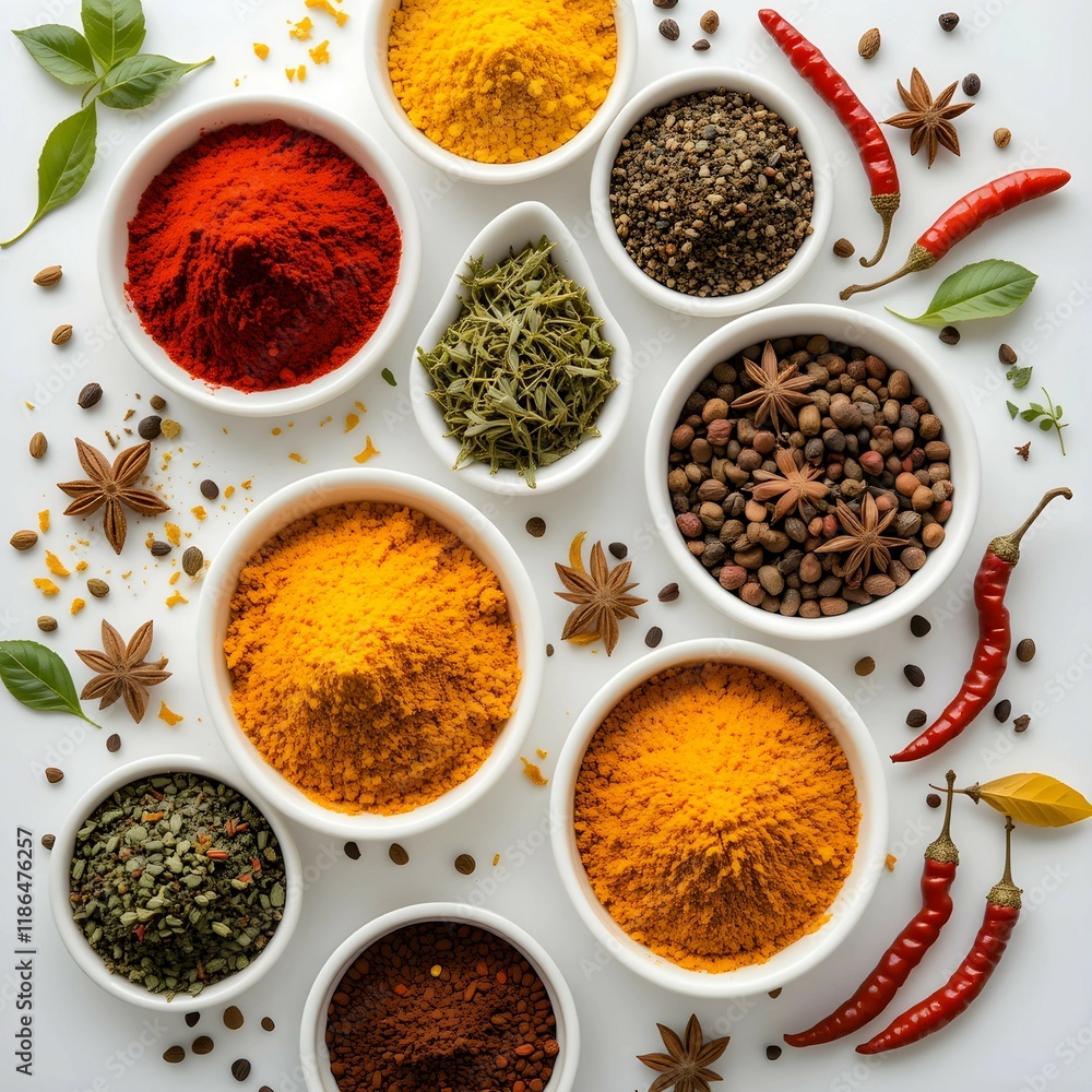 Set of various spices in a bowls on white wooden table background border with copy space Set of various spices in a bowls on white wooden table background border with copy space