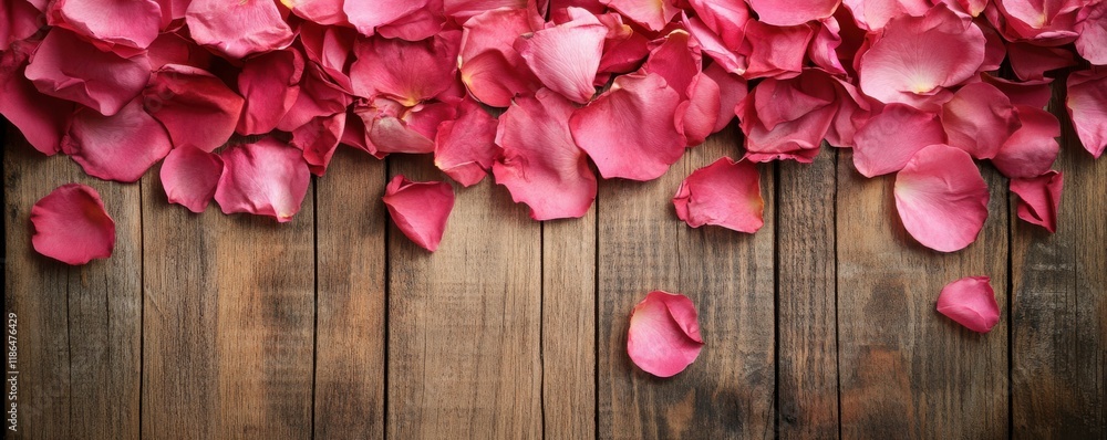 Pink rose petals arranged beautifully on a rustic wooden background, creating a romantic and elegant atmosphere Perfect for wedding, love, and celebration themes Pink rose petals arranged beautifully on a rustic wooden background, creating a romantic and elegant atmosphere Perfect for wedding, love, and celebration themes