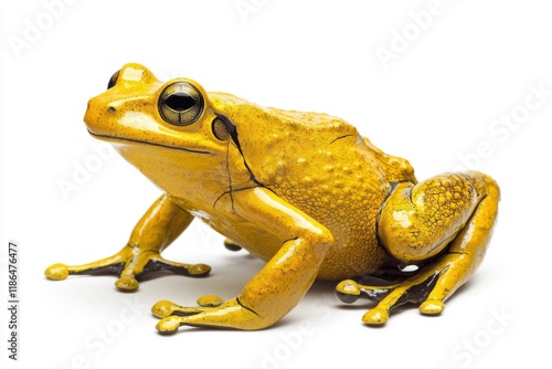 A vivid yellow frog poses with a smooth texture, showcasing its unique color and form against a plain background.