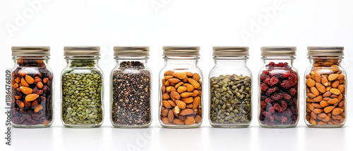 Healthy snacks in glass jars including nuts, seeds, and dried fruits, neatly arranged on white background.