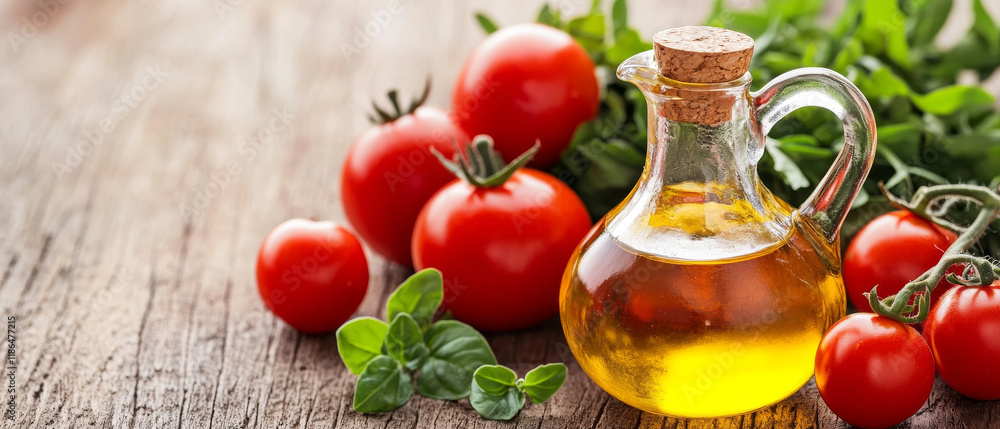 Fresh tomatoes, olive oil, and herbs on rustic wooden table, evoking Mediterranean flavors. Fresh tomatoes, olive oil, and herbs on rustic wooden table, evoking Mediterranean flavors.
