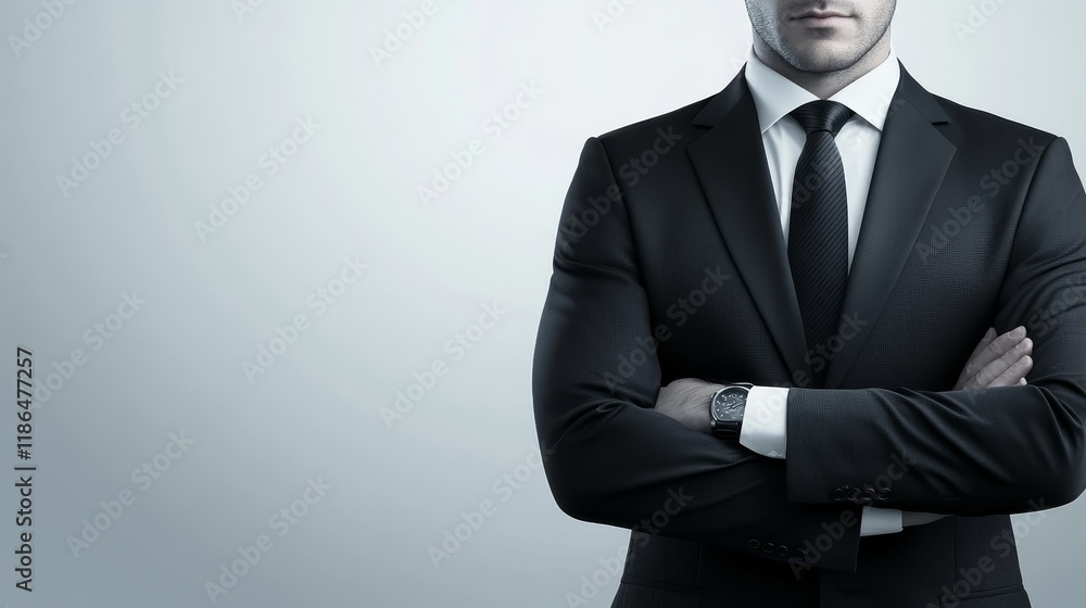 Confident businessman in a sharp suit and tie stands with crossed arms, exuding professionalism authority in the corporate world Confident businessman in a sharp suit and tie stands with crossed arms, exuding professionalism authority in the corporate world