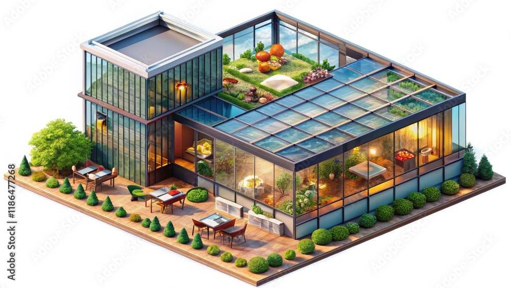 Architectural food styling creates a 3D isometric image of a modern building, a delicious modern cuisine masterpiece. Architectural food styling creates a 3D isometric image of a modern building, a delicious modern cuisine masterpiece.