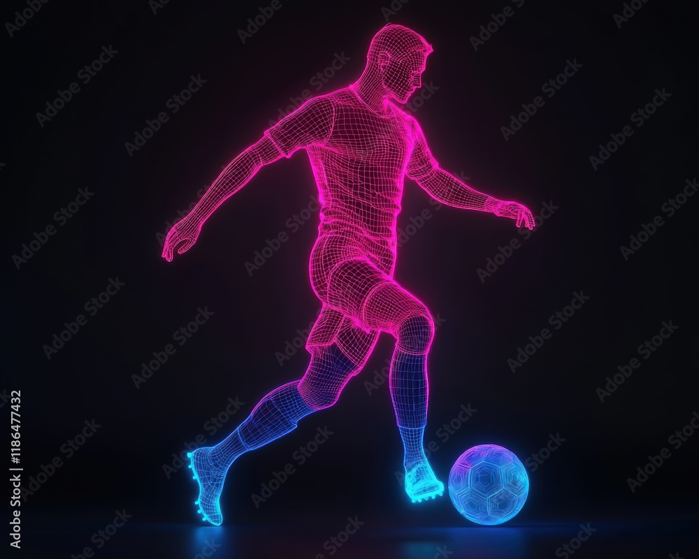 Neon Wireframe Soccer Player Kicking Ball in Dark Background Neon Wireframe Soccer Player Kicking Ball in Dark Background