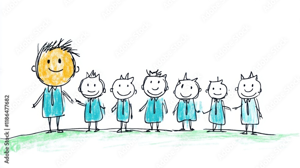 Happy Group of Cartoon Characters with a Smiling Leader Standing Together on a Green Hill in Childlike Drawing Style Happy Group of Cartoon Characters with a Smiling Leader Standing Together on a Green Hill in Childlike Drawing Style