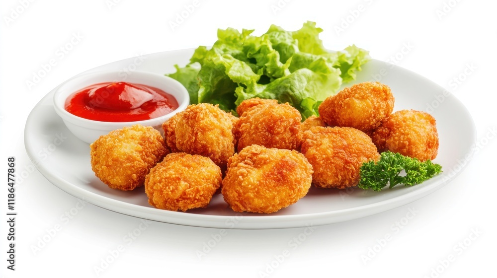 Some pieces of crunchy fried chicken on a white plate. Isolated on white background. Perfect for design element, catalogue, or any commercial purposes. Some pieces of crunchy fried chicken on a white plate. Isolated on white background. Perfect for design element, catalogue, or any commercial purposes.