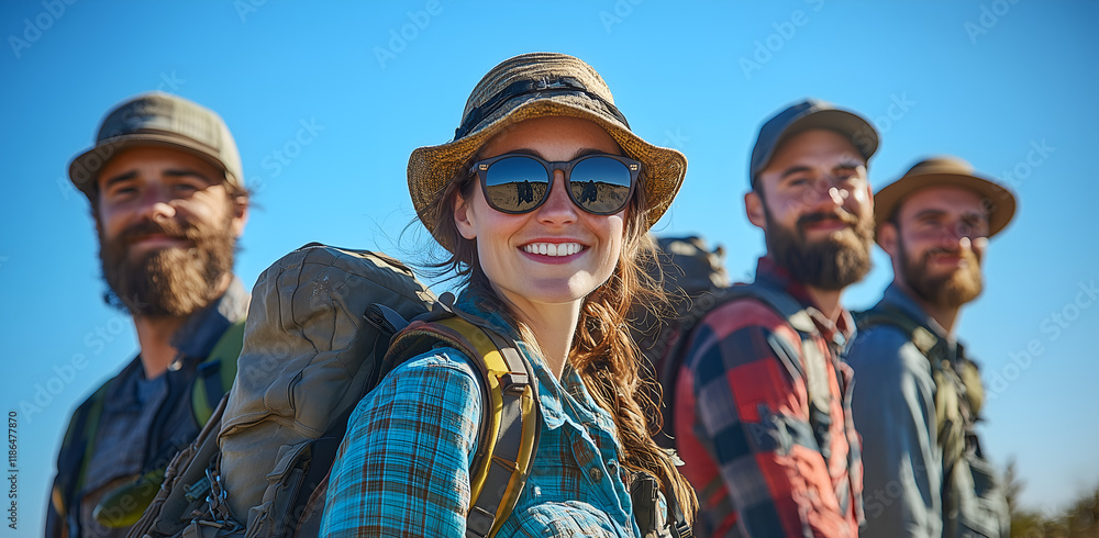 group of friends smiling and ready for an adventure, dressed in casual attire with backpacks on their backs against the blue sky group of friends smiling and ready for an adventure, dressed in casual attire with backpacks on their backs against the blue sky