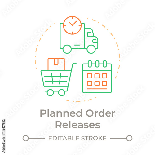 Planned order releases duo tone concept icon. Optimizing inventory levels and production flow. MRP outputs. Round two color outline illustration. Abstract vector design. Easy to use in booklet