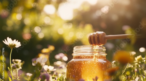 Fototapeta Naklejka Na Ścianę i Meble -  Golden Honey Drizzle:  A rustic jar of golden honey is drizzled with a wooden honey dipper, bathed in warm sunlight amidst a field of blooming wildflowers.