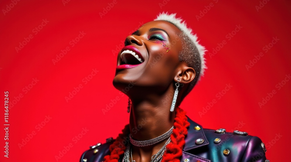 Vibrant Portrait of a Fashion-Forward Individual Against a Bold Red Background Vibrant Portrait of a Fashion-Forward Individual Against a Bold Red Background