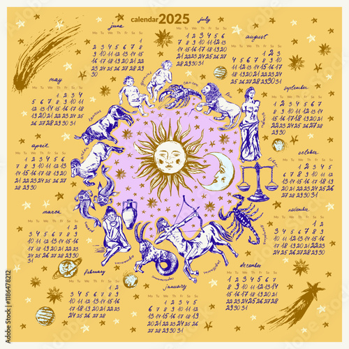 Monthly calendar with hand drawn zodiac signs illustration, planets, sun, moon, stars