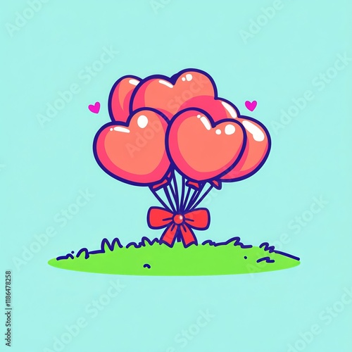 Romantic Heart Shaped Balloons Bunch in Grass Valentine s Day Illustration Love Concept