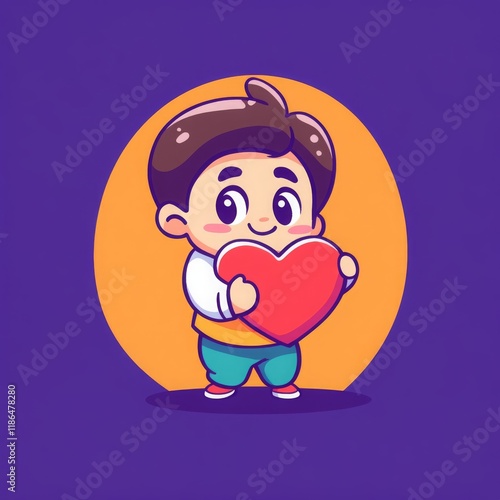 Adorable Cartoon Boy Holding Big Red Heart Valentine s Day Love Cute Illustration