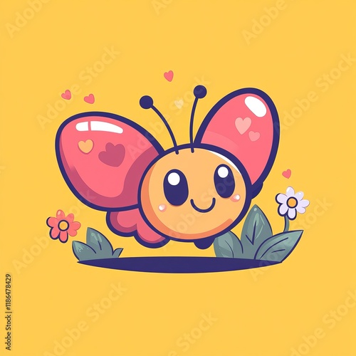 Adorable Cartoon Butterfly Illustration with Pink Wings and Hearts Perfect for Children s Designs