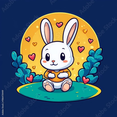Adorable Cartoon White Bunny Rabbit Sitting Under the Moon Surrounded by Hearts