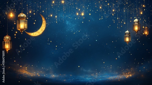 Golden Lanterns and Crescent Moon: A Serene Night Scene photo