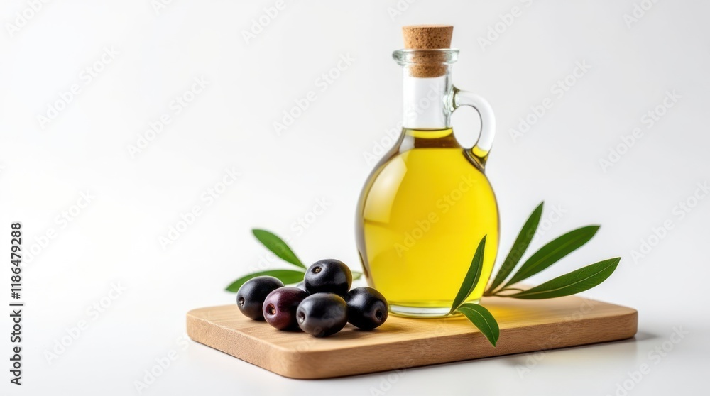 Clear Glass Bottle of Olive Oil With Olives on Wooden Board and Leaves Clear Glass Bottle of Olive Oil With Olives on Wooden Board and Leaves
