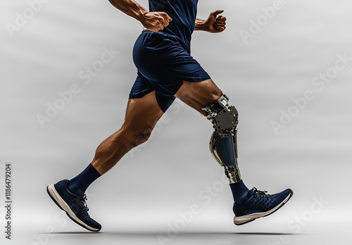 man in navy blue shorts and socks is running with a medical prosthetic leg on a white background photo