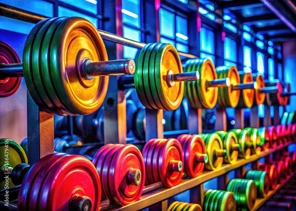 Brightly colored weights dominate this abstract fitness photoshoot, creating eye-catching gym aesthetics. Brightly colored weights dominate this abstract fitness photoshoot, creating eye-catching gym aesthetics.