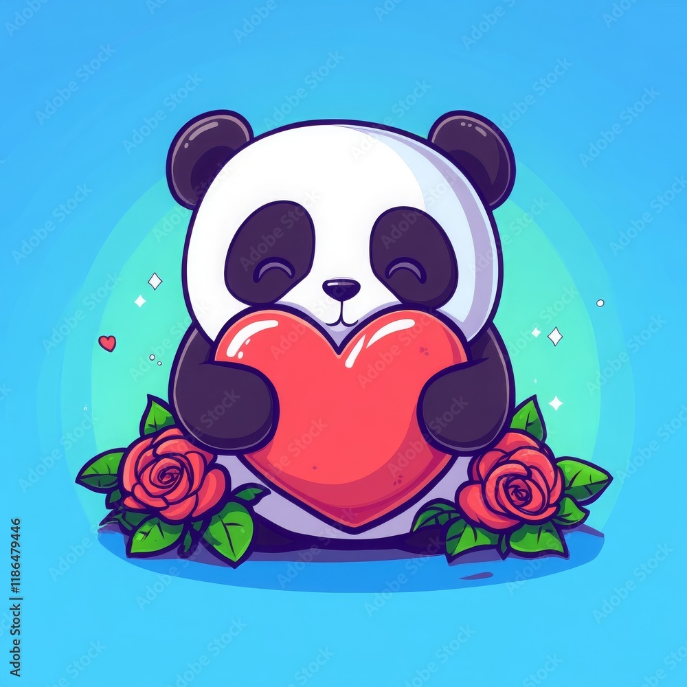 Obraz premium Adorable Panda Bear Holding Heart with Roses Valentine s Day Illustration Cute Cartoon Animal