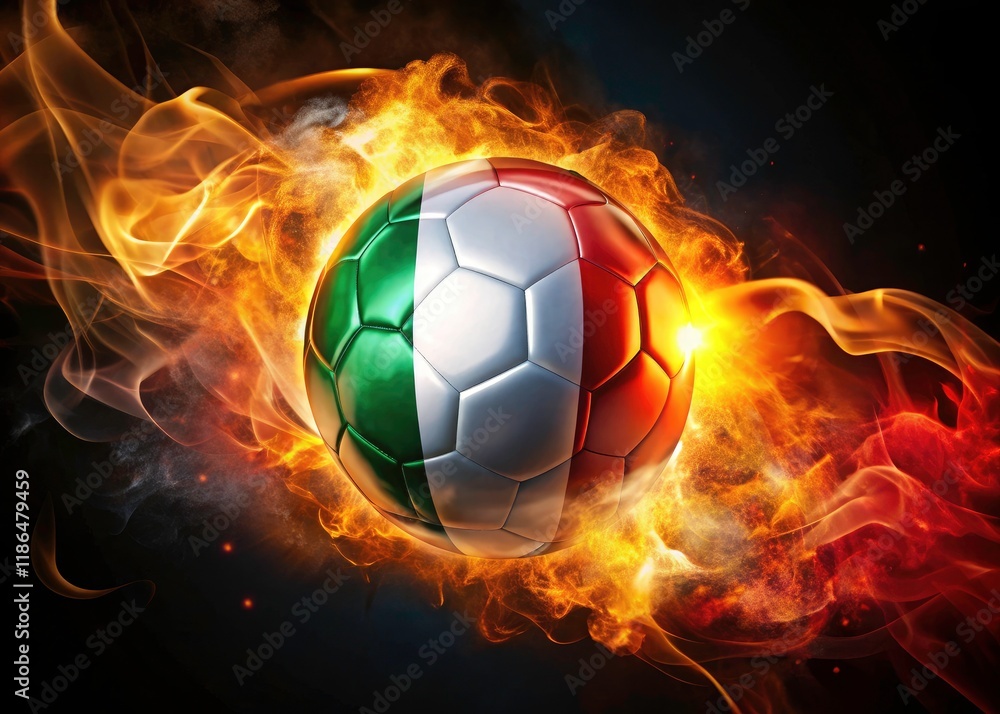 Naklejka premium Burning soccer ball symbolizes Italy-Mexico clash; conceptual photo captures fiery football intensity.