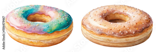 Colorful watercolor donuts, vibrant icing, sweet treats, artistic food illustration, bakery design, dessert concept.