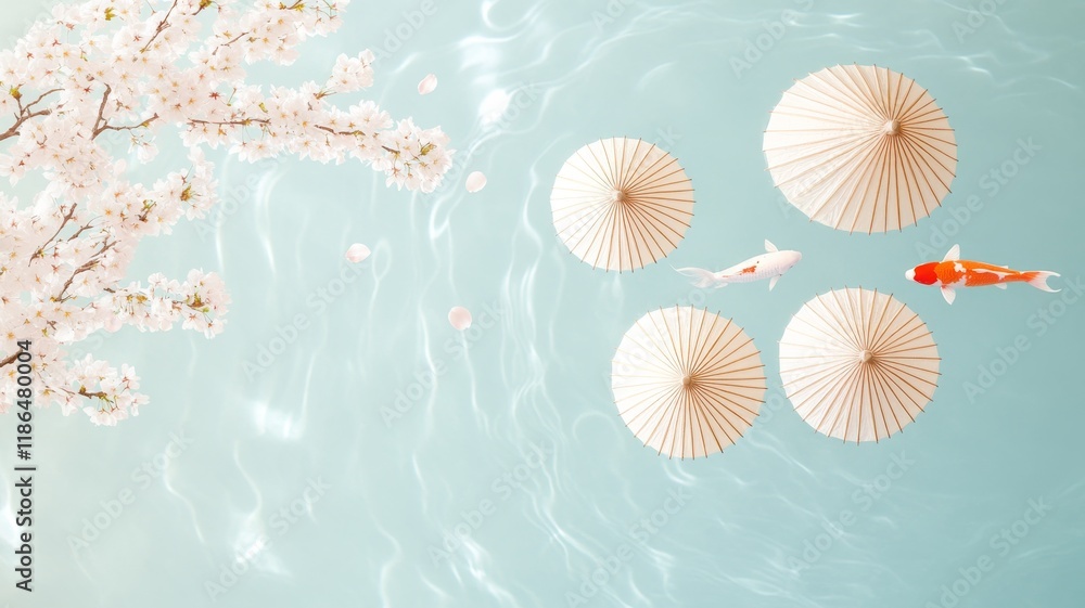Fototapeta premium A serene Japanese garden with traditional paper umbrellas placed beside a koi pond
