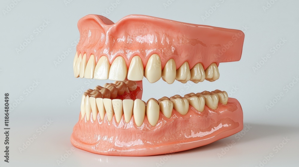 Fototapeta premium Clinical 3d illustration of realistic plastic teeth and gums in dental model setting