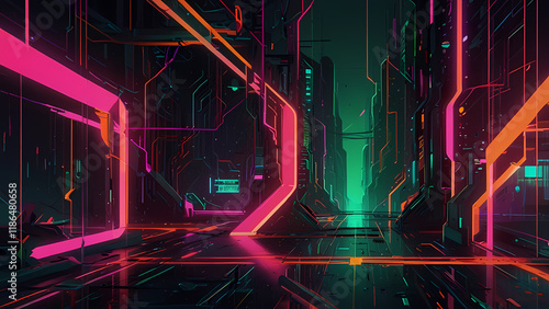 An abstract illustration of chaotic distortion, with sharp geometric shapes bending and twisting in a gradient of neon pink, green, and orange, giving an otherworldly cyberpunk vibe