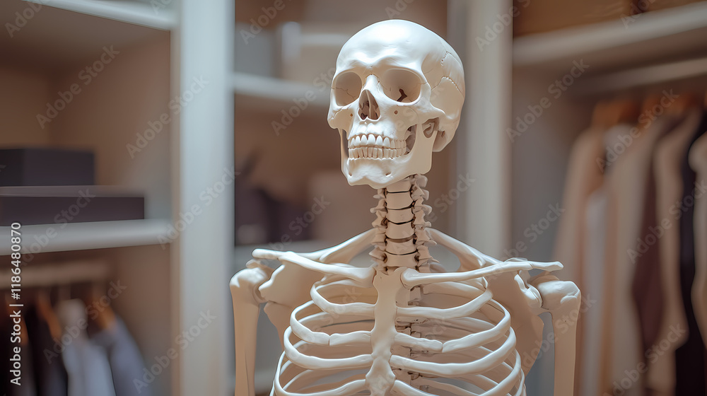Artificial human skeleton model in wardrobe room, space for text. Shimmerfall. Illustration Artificial human skeleton model in wardrobe room, space for text. Shimmerfall. Illustration