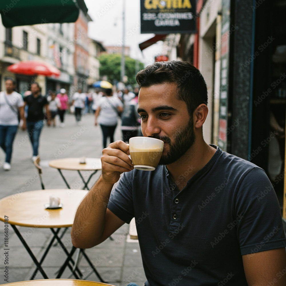 Hombre tomando café en la calle Hombre tomando café en la calle