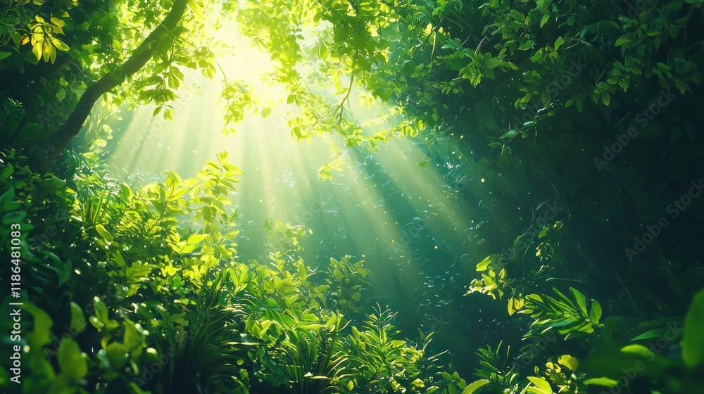 Obraz premium Lush Green Tropical Rainforest with Sunbeams