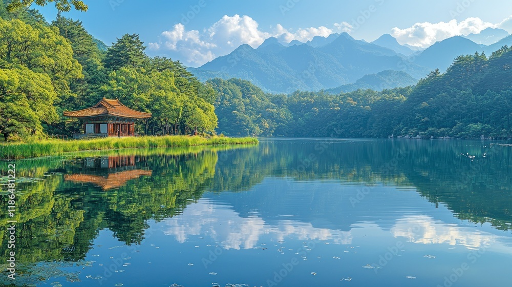 Fototapeta premium Serene Mountain Lake with Pavilion Reflection
