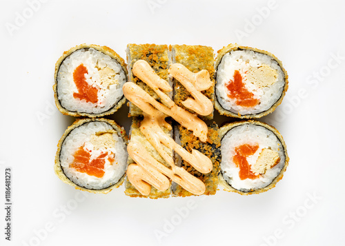 rolls and sushi on a white background