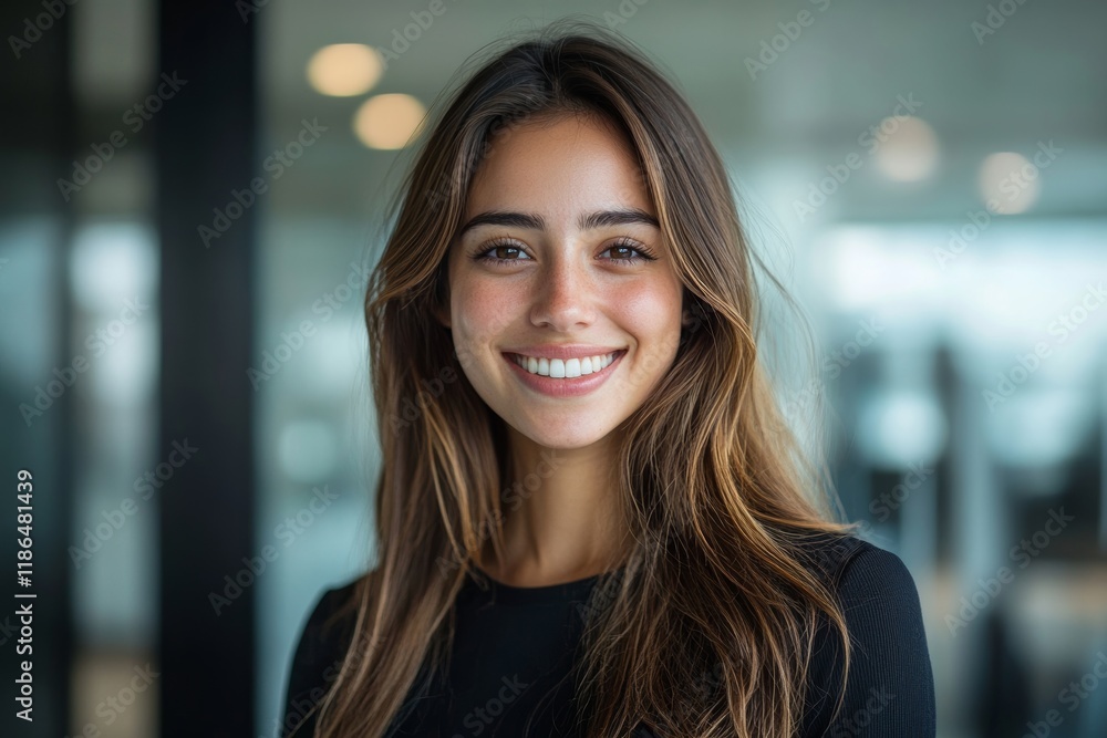 Fototapeta premium Young happy businesswoman in office looking at camera. Generative AI