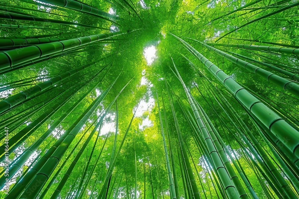 A serene view of towering bamboo stalks reaching towards the sky in a lush green forest. A serene view of towering bamboo stalks reaching towards the sky in a lush green forest.