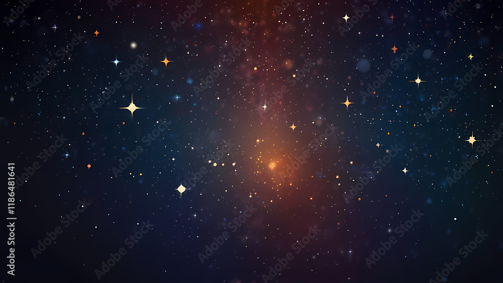 Fototapeta premium An abstract starry background with a minimalist approach, showcasing glowing white star clusters against a gradient of warm sunset colors transitioning into midnight blue, with a sense of depth and my