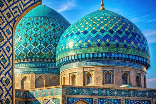 Cyan, blue, and turquoise bokeh illuminates the Buhara Dome mosaics within Uzbekistan's Mir-i-Arab Mosque.