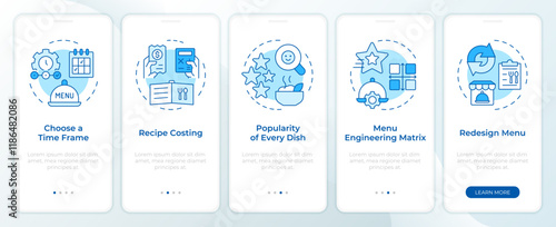Steps of menu engineering blue onboarding mobile app screen. Walkthrough 5 steps editable graphic instructions with linear concepts. UI, UX, GUI template. Montserrat SemiBold, Regular fonts used