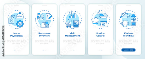 Restaurant management blue onboarding mobile app screen. Business. Walkthrough 5 steps editable graphic instructions with linear concepts. UI, UX, GUI template. Montserrat SemiBold, Regular fonts used