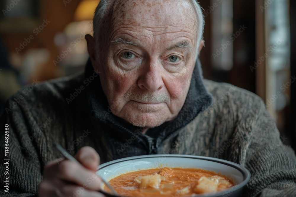 Senior man eats soup while having lunch at residential care home Generative AI Senior man eats soup while having lunch at residential care home Generative AI