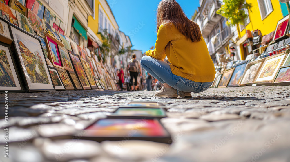Naklejka premium Fisheye view of a woman crouching and admiring paintings displayed on a cobblestone street at an outdoor art market in a historic European city